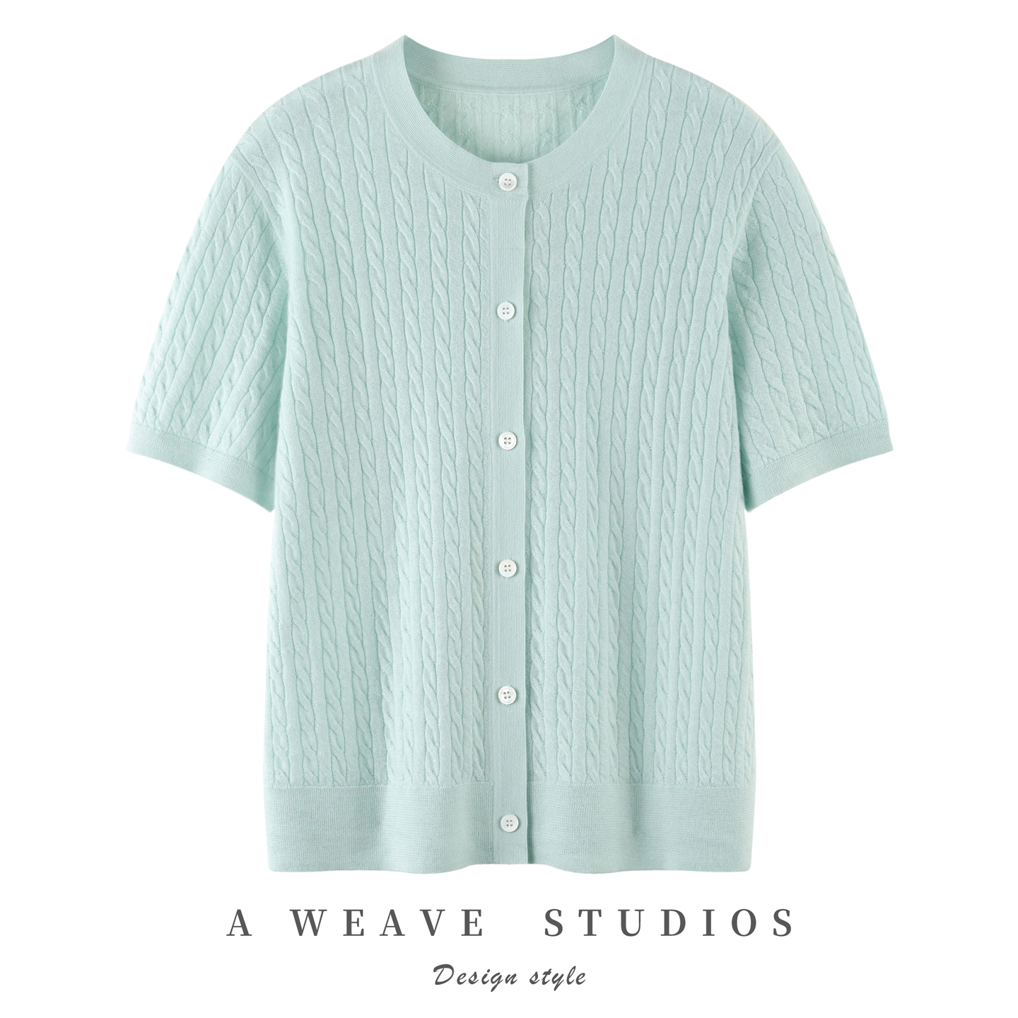 2025秋冬新款100%纯山羊绒舒适百搭软糯扭花纯色圆领羊绒开衫短袖