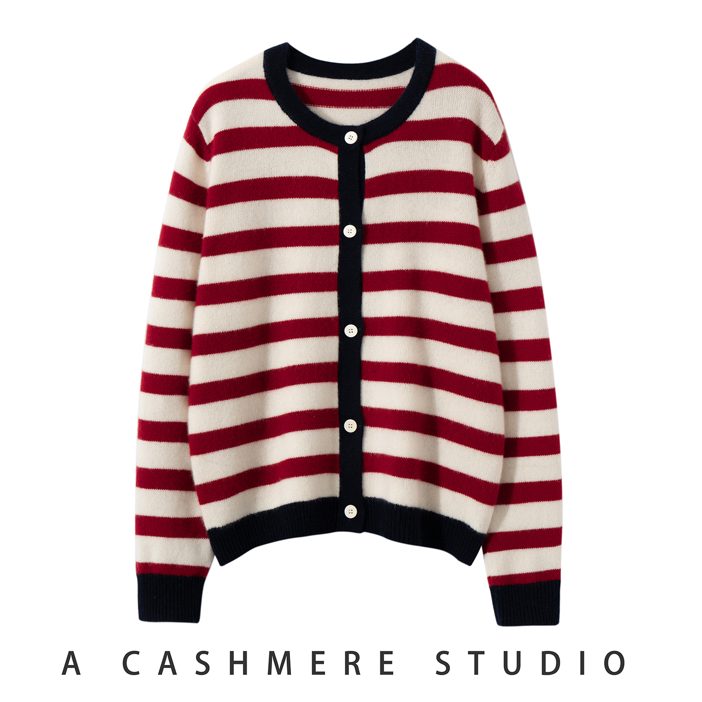 25秋冬新款100%山羊绒开衫女加厚圆领条纹毛衣撞色针织衫宽松外套