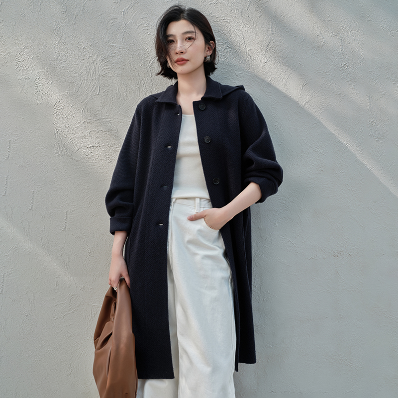 秋冬新款100%纯山羊绒开衫女加厚连帽中长款优雅气质针织外套大衣