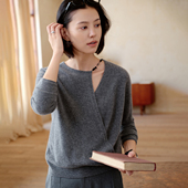 镂空交襟宽松针织打底衫 圆领羊绒衫 女100纯山羊绒毛衣设计感链式