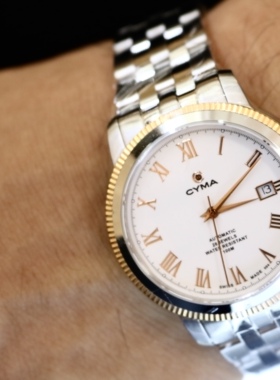 瑞士CYMA西马商务休闲白盘精钢自动机械男表防水现货保修