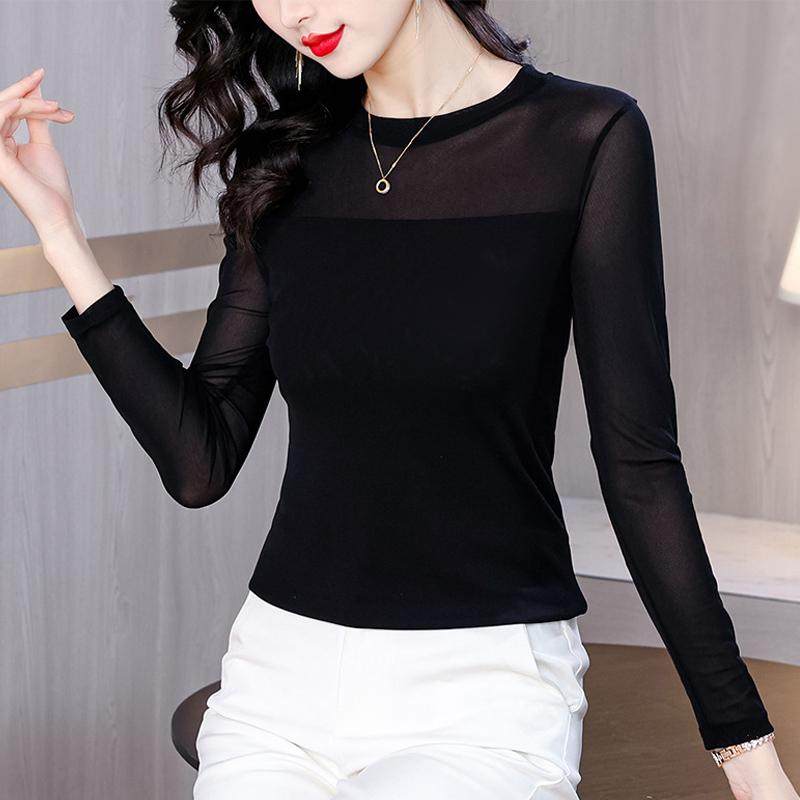 2026春季新款黑色网纱长袖t恤修身时尚洋气打底衫女内搭上衣春秋