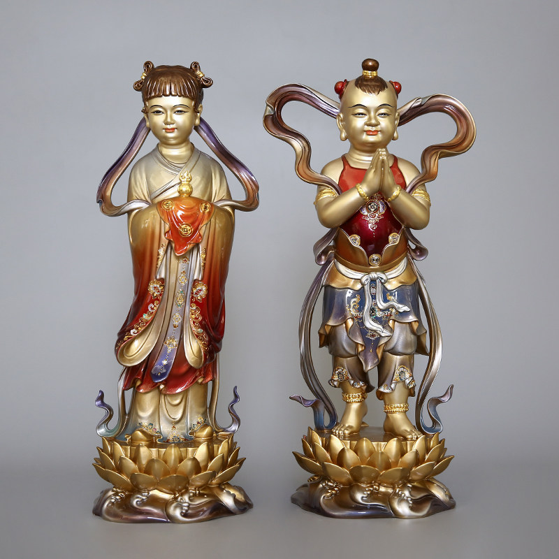 铜彩铜善财童子龙女金童玉女佛像居家供奉摆件家用观音菩萨神像