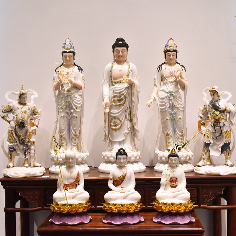 大号纯天然玉石镶金西方三圣汉白玉阿弥陀佛观音菩萨佛像供奉摆件