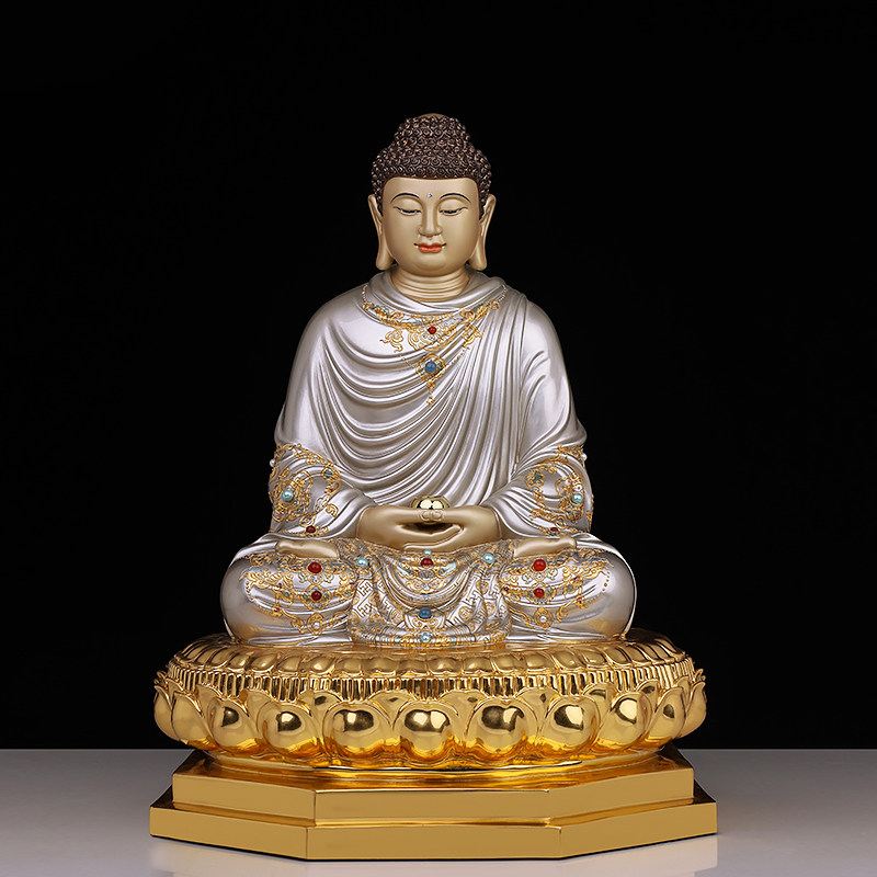 铜彩铜镶宝三宝佛释迦牟尼阿弥陀佛药师佛供奉佛像摆件寺庙家用