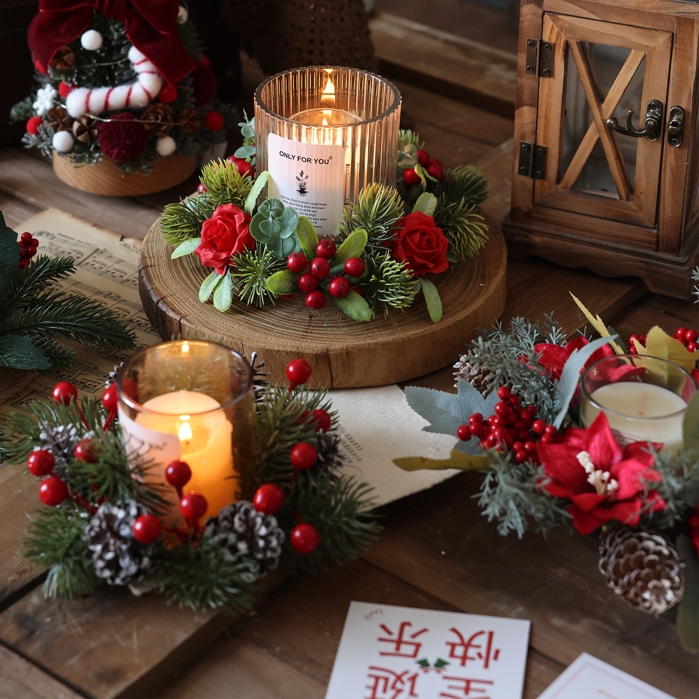 2025年新款圣诞节迷你桌面小花环烛台装饰品礼品摆件小圣诞树布置