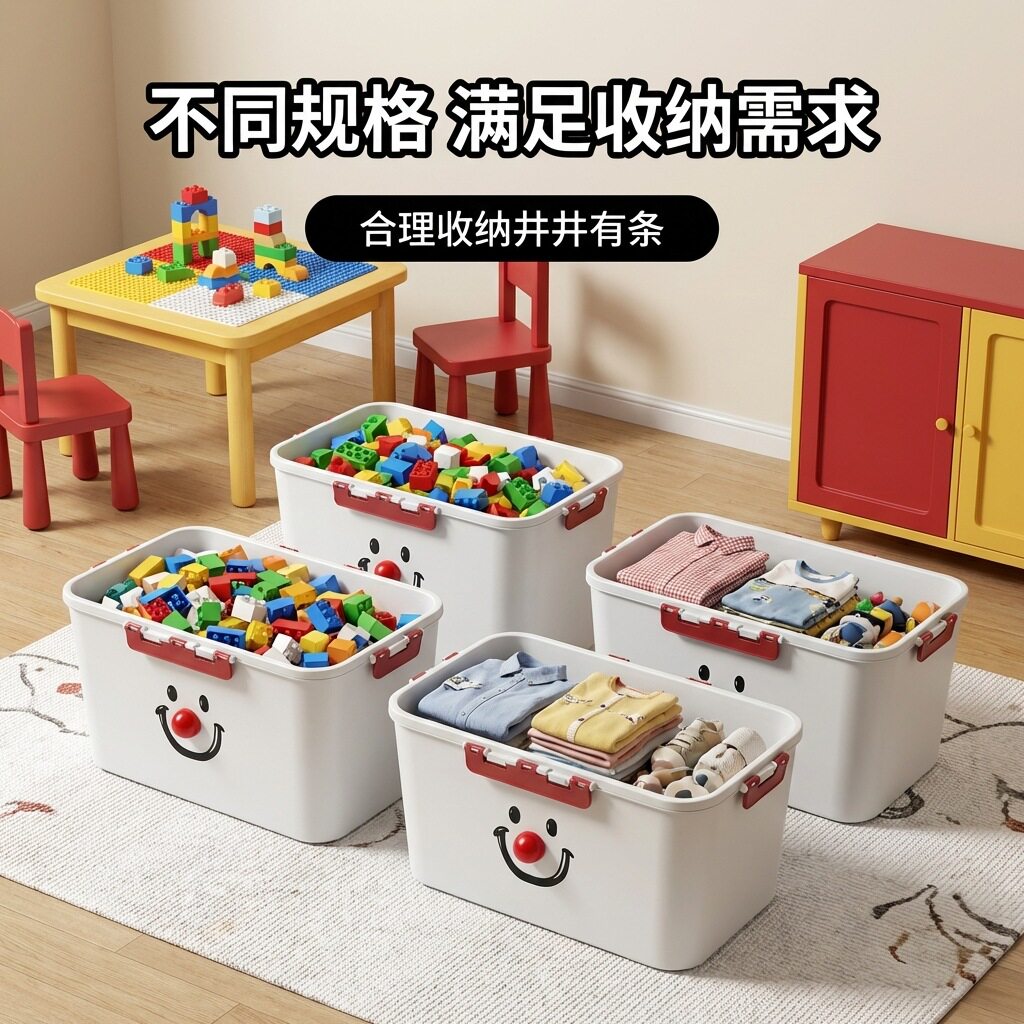 收纳箱家用整理玩具零食杂物密手提塑料框卡通笑脸储物箱收纳盒子