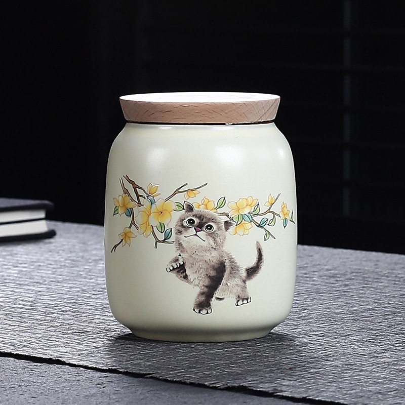 米黄汝窑茶叶罐创意可爱萌猫陶瓷小茶仓便携迷你花粉茶存储密封罐