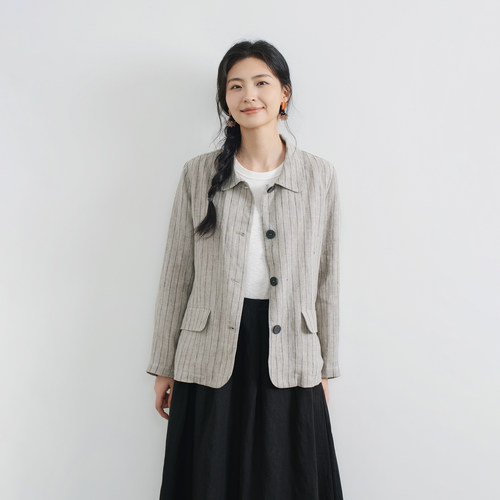 条纹亚麻长袖小西装短外套