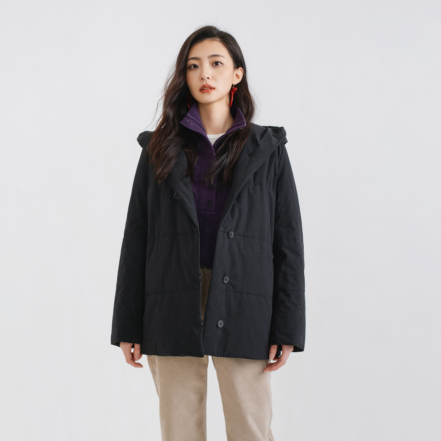 梭家｜觅暖｜新雪丽棉服高效保暖 酵素水洗黑色连帽女士棉外套