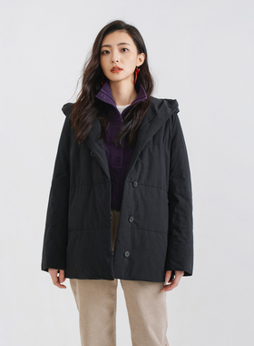 梭家｜觅暖｜新雪丽棉服高效保暖 酵素水洗黑色连帽女士棉外套