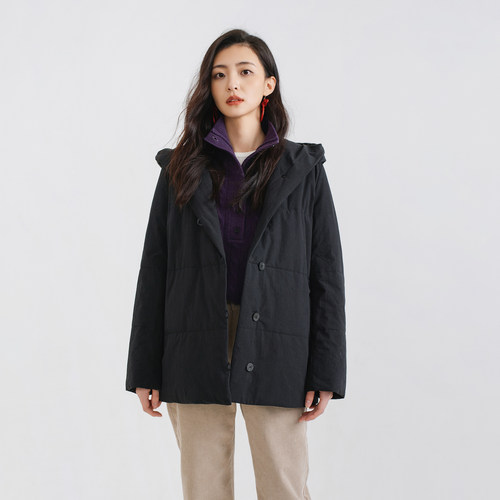 梭家｜觅暖｜新雪丽棉服高效保暖 酵素水洗黑色连帽女士棉外套