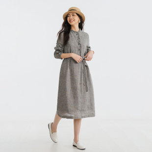 梭家｜山影｜色纺工艺灰蓝色亚麻长袖连衣裙春夏女新款中长棉麻裙