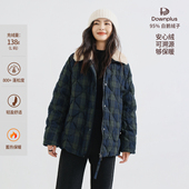 梭家｜街角相遇｜匈牙利95白鹅绒 蓝绿格色织亚麻毛领羽绒服