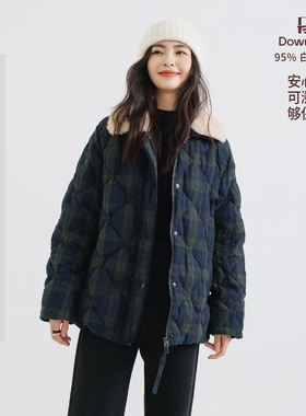 梭家｜街角相遇｜匈牙利95白鹅绒 蓝绿格色织亚麻毛领羽绒服
