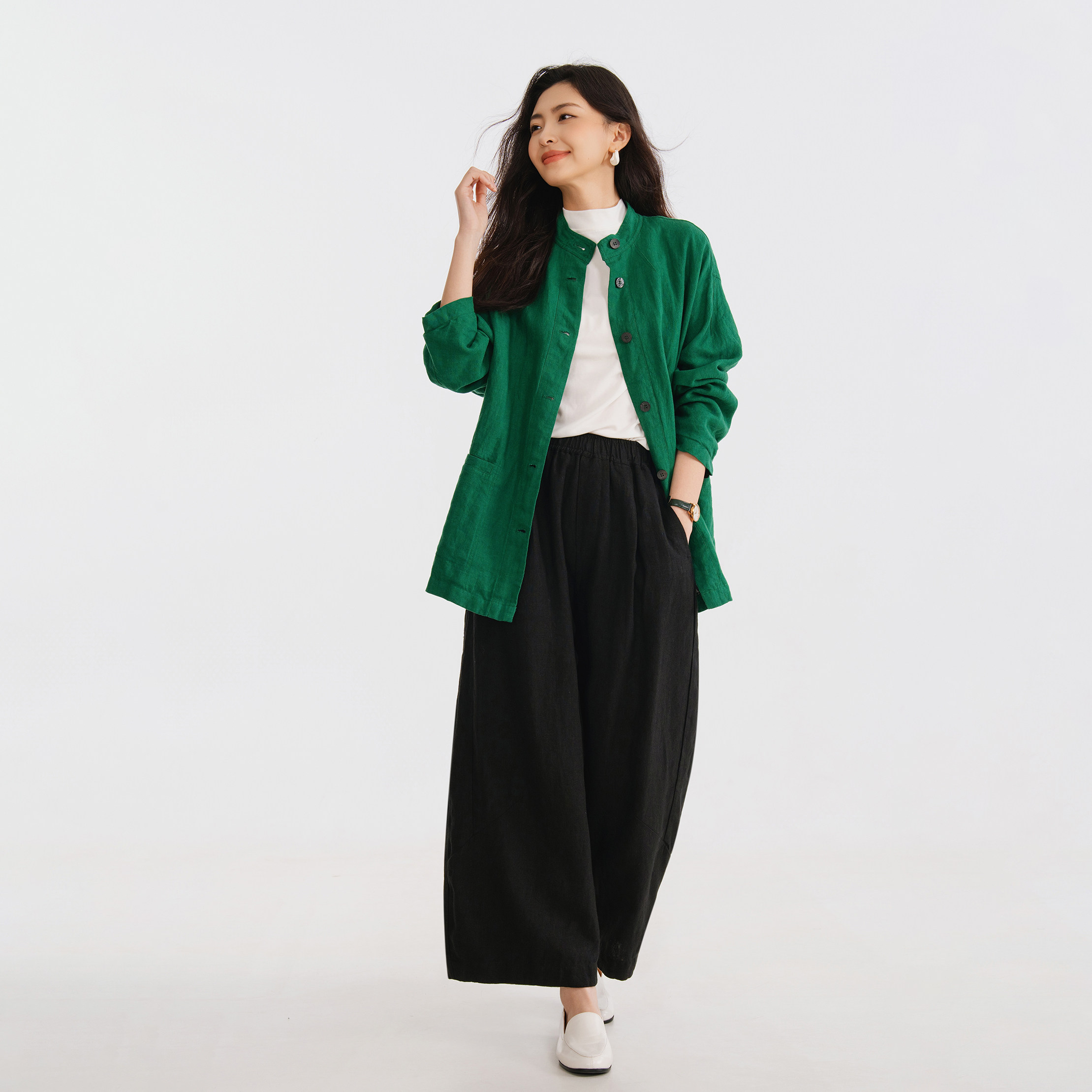 梭家｜慢叙｜松弛感绿色亚麻长袖衬衫春夏女新款宽松百搭上衣