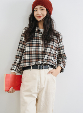 梭家｜左岸画家｜简约通勤全棉法兰绒磨毛格子衬衫秋冬女长袖上衣