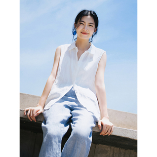 女百搭透气上衣 梭家|清澈 音符|白色小翻领无袖 汉麻衬衫 夏季