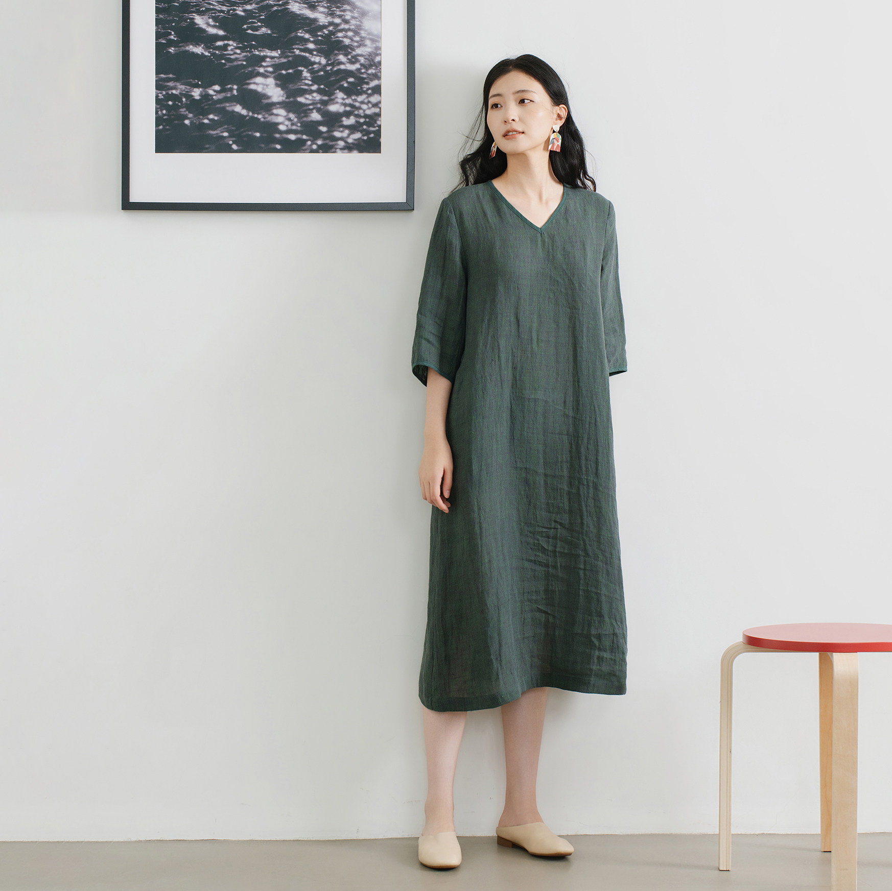 亚麻连衣裙女五分袖格子裙图片