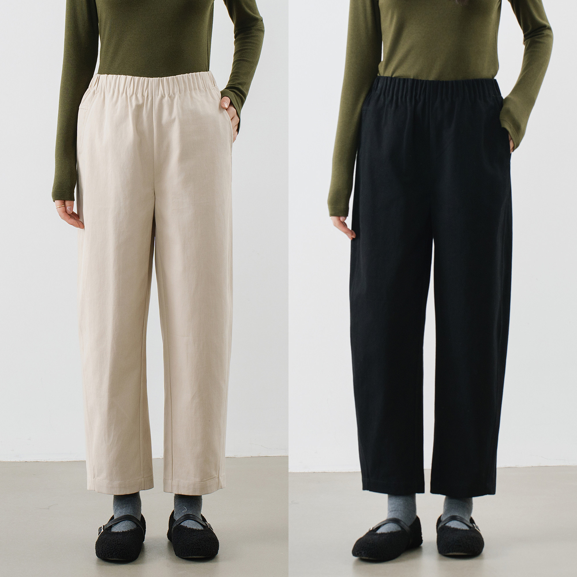 梭家｜素写｜基础款松紧腰黑白两色磨毛休闲裤秋季女萝卜裤