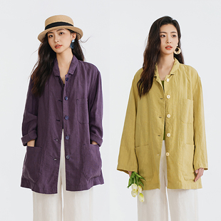 梭家｜达洛维的花｜亚麻中长款外套春夏女长袖立领通勤上衣宽松
