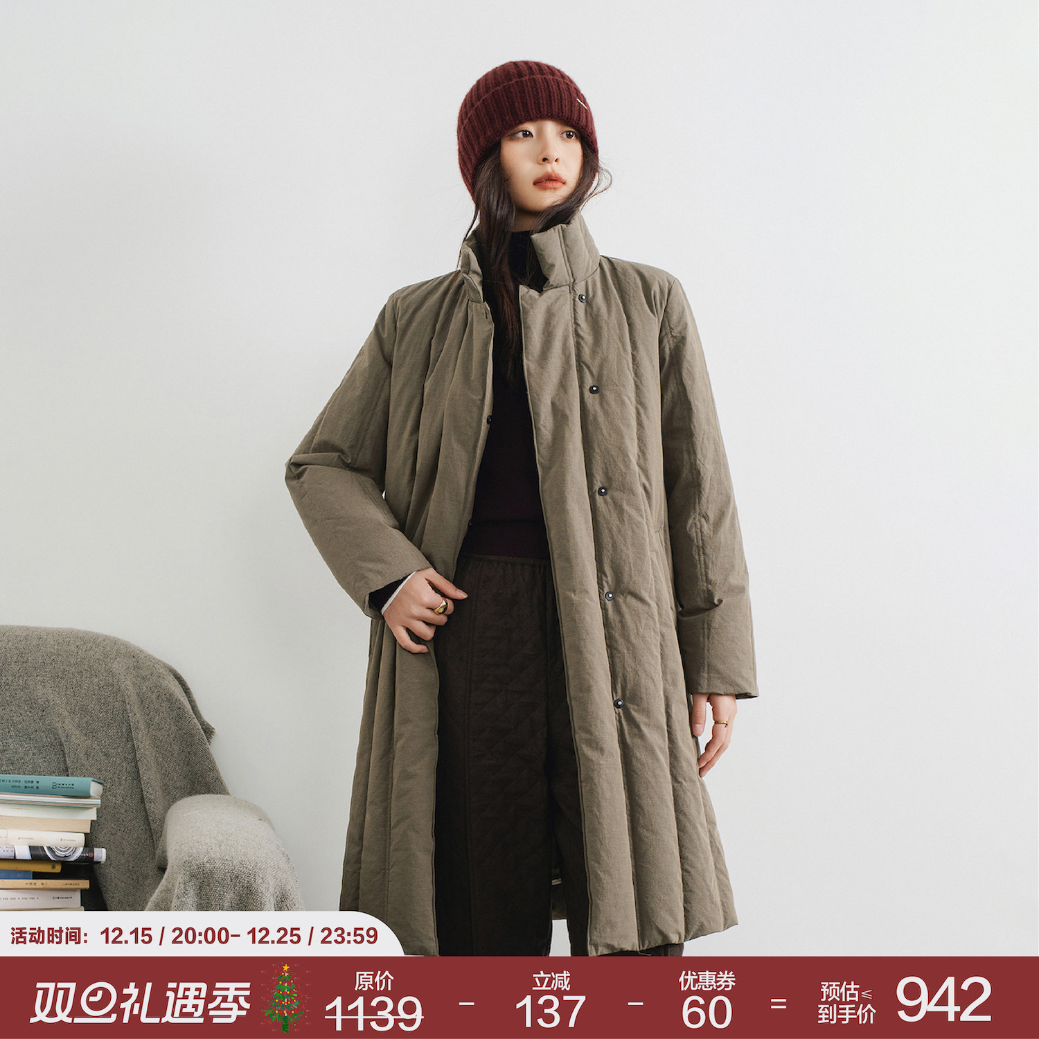 橄榄绿中长款新雪丽棉服