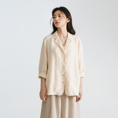 梭家 简约通勤改良米杏色汉麻西装夏季女百搭短外套宽松 51380MY