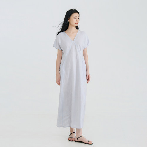 梭家 2026夏汉麻 V领短袖宽松A字连衣裙透气亲肤休闲女裙6279MY