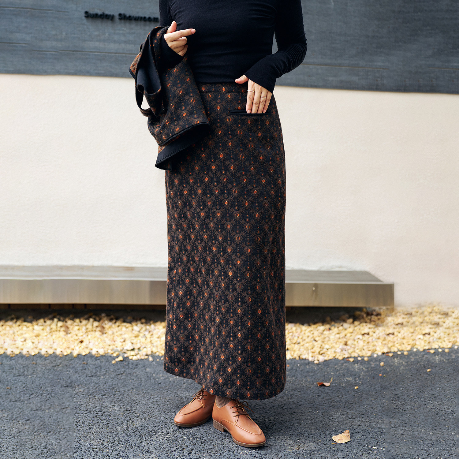 梭家复古提花半身裙直筒裙长裙