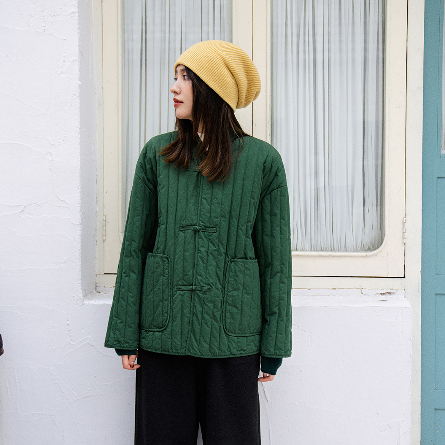 深海绿短款棉轻中式羽绒服