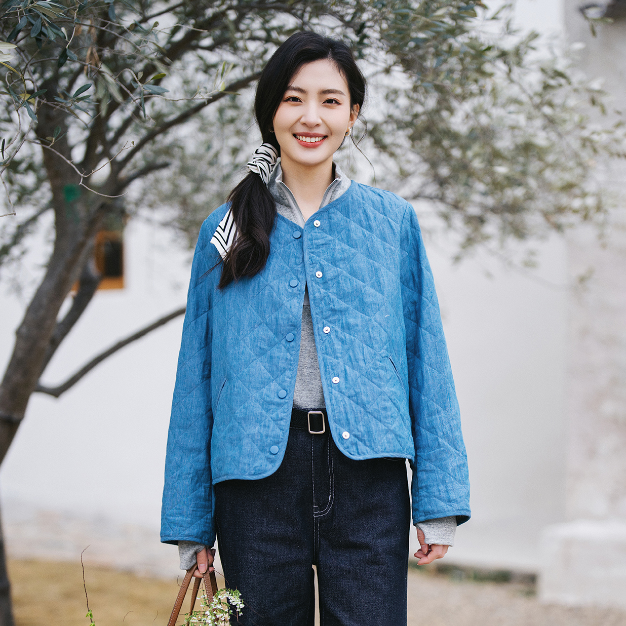 青玉蓝色织亚麻轻薄新雪丽棉服