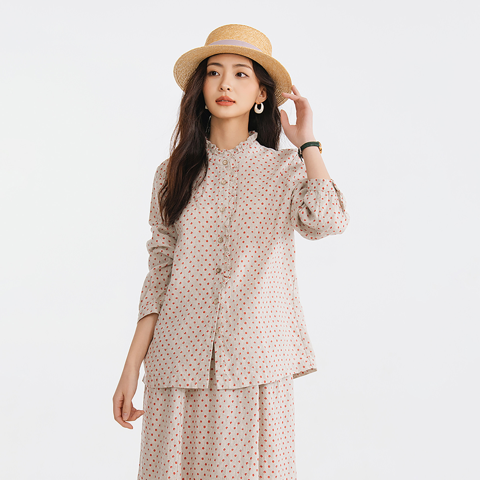 梭家｜喜悦发生｜文艺复古14支亚麻小花木耳边长袖衬衫春夏女上衣