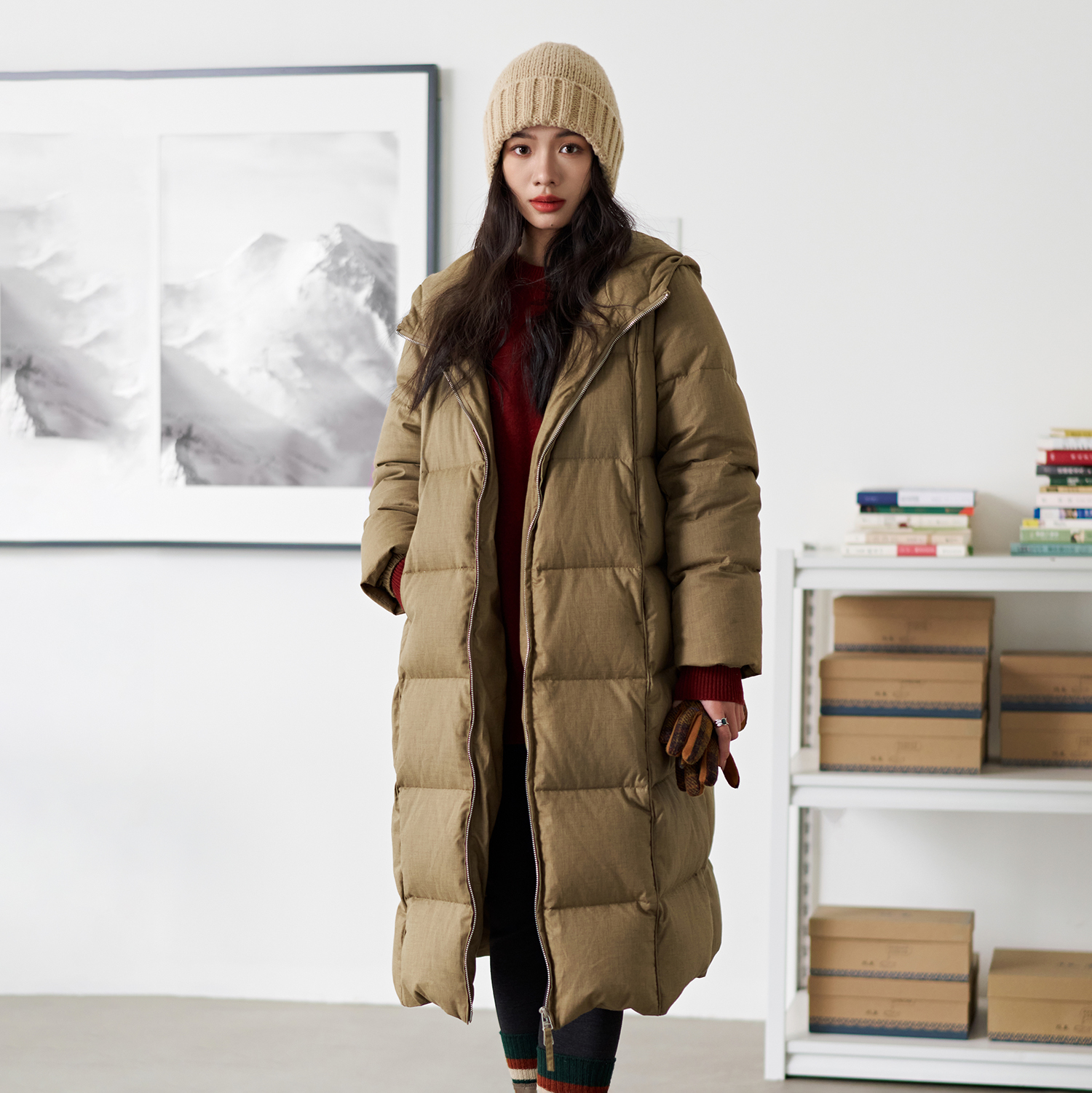 梭家文艺棉羊毛长款连帽95鹅绒