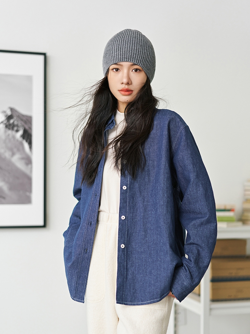 宽松文艺单排扣长袖棉牛仔