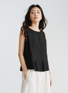 梭家 立体空间感微直筒黑色亚麻无袖背心春夏女透气上衣 649ZF