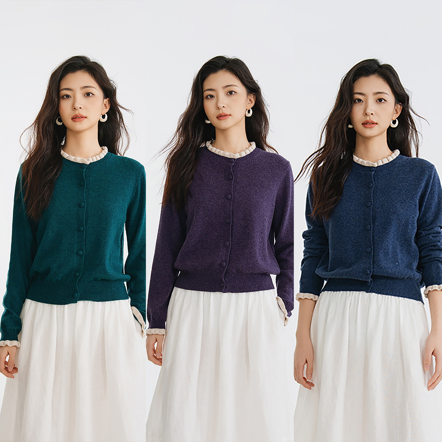 梭家｜微光对白｜26支绵羊毛针织开衫春夏女三色荷叶领短款外套