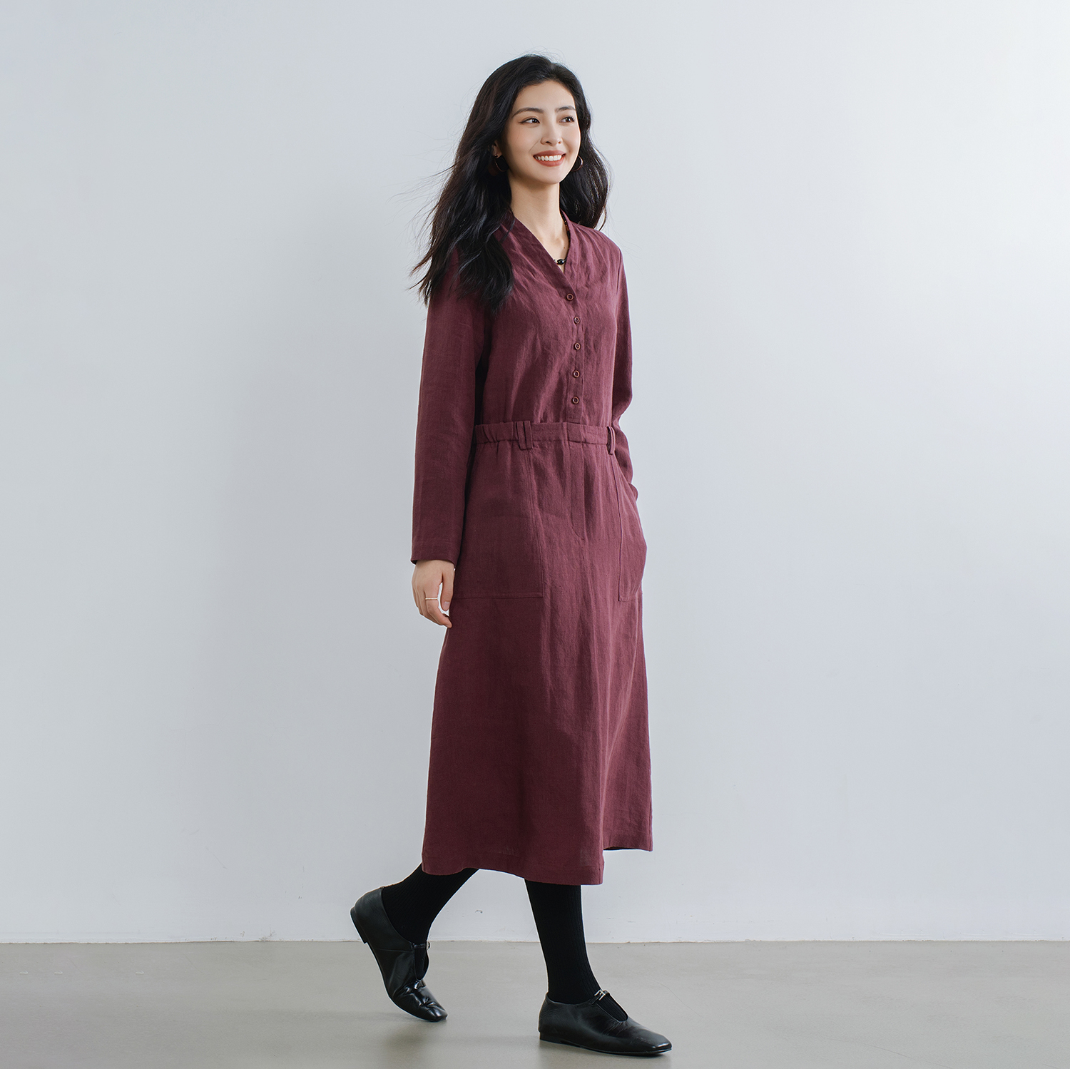 海葵紫收腰长袖亚麻连衣裙