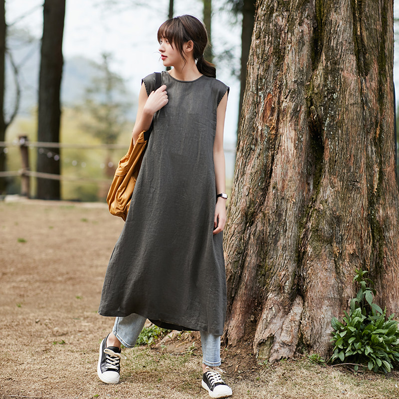梭家|为了风| 夏日随意凉感无袖亚麻连衣裙文艺范直筒宽松棉麻裙