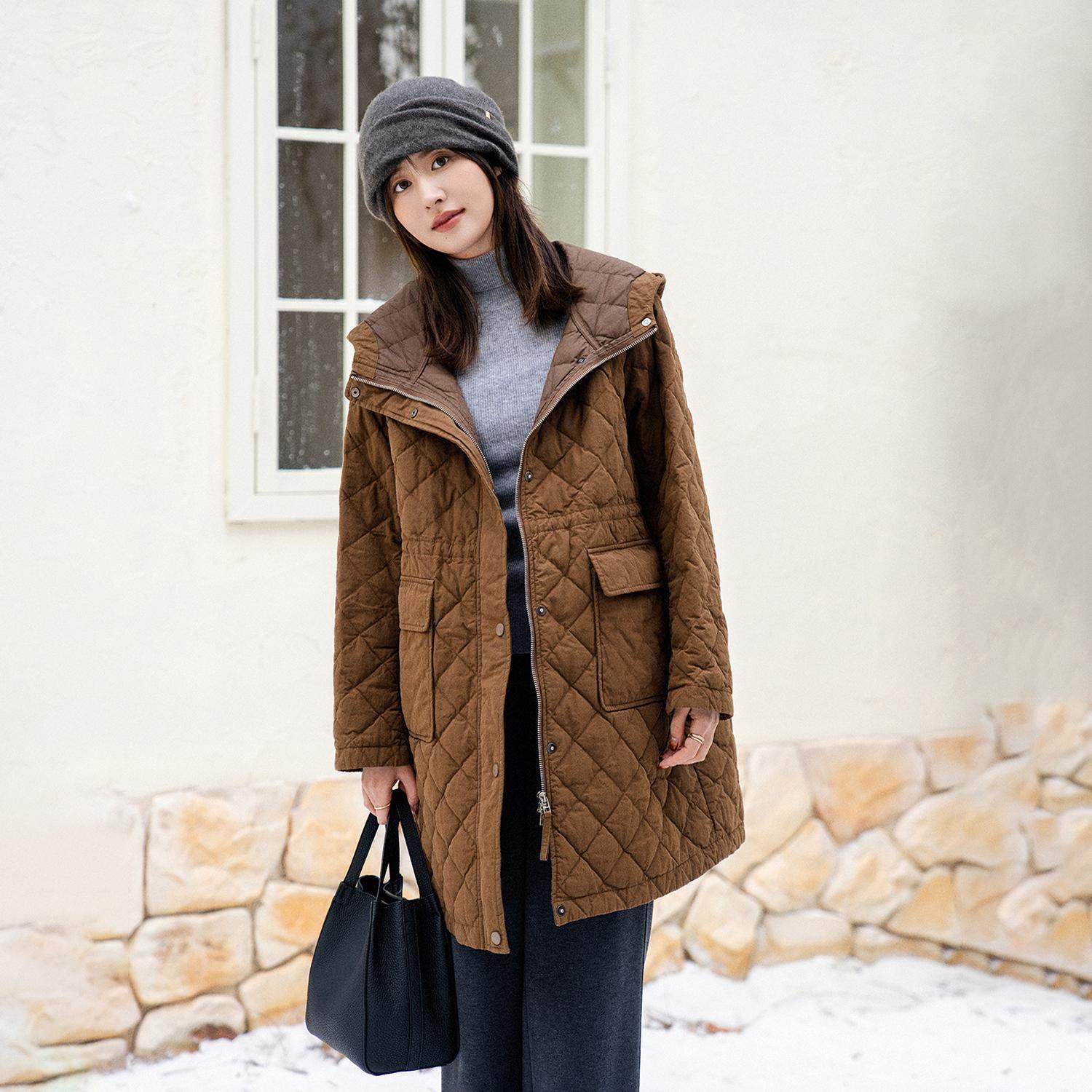 茶褐色真丝亚麻棉95白鹅绒羽绒服