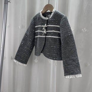 V 高端品牌撤柜童装中大童女童小香风羊毛呢花边短外套亲子少女装