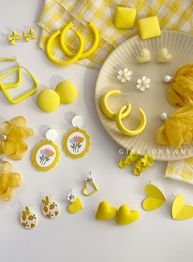 黄色系小清新时尚百搭花朵蝴蝶耳环简约几何耳圈学生气质耳饰女