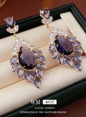 中古vintage锆石耳环银针夸张重工花朵水滴耳钉轻奢高级感耳饰女