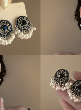 银针镶钻圆形珍珠流苏耳钉秋冬新中式国风时尚耳环高级感高奢耳饰