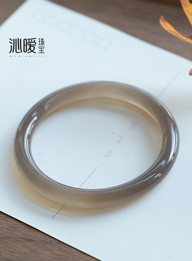 天然灰玛瑙手镯冰种玉髓圆条镯子细款复古玉镯茶色水晶手镯饰品女