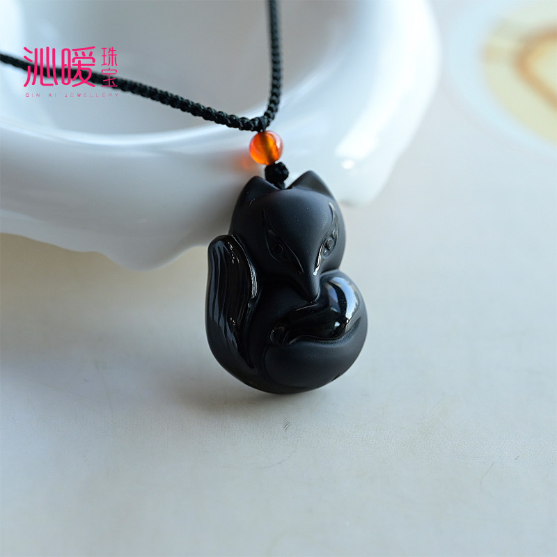 天然黑曜石狐狸吊坠女纯黑色可爱狐狸玉坠挂件情侣款水晶项链礼物