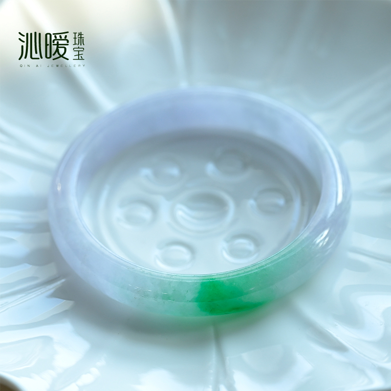 翡翠手镯女紫罗兰绿飘花镯子细款正绿翡翠AB货处理复古饰品淡紫色