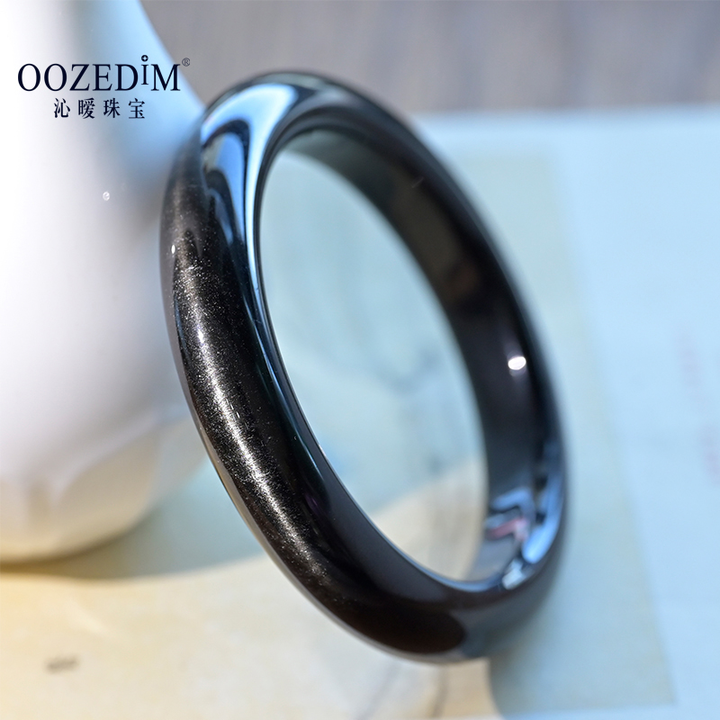 oozedim/沁暧天然银曜石手镯猫眼效应黑曜石镯子水晶手镯饰品女
