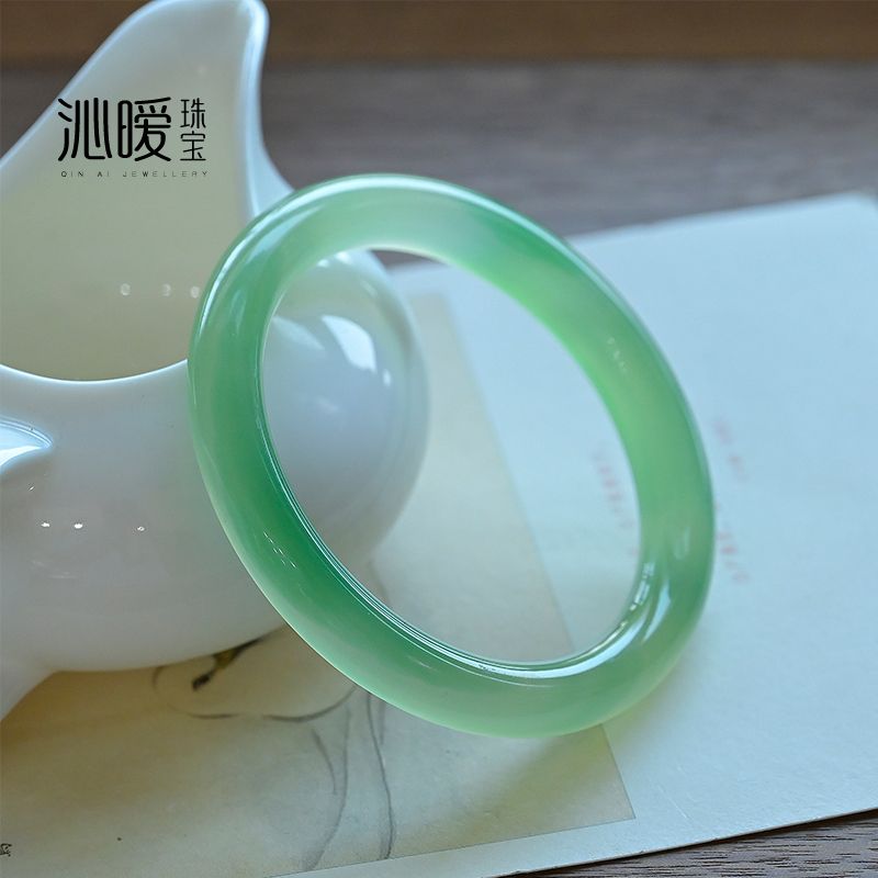 青色玉髓手镯复古圆条冰种玉镯女