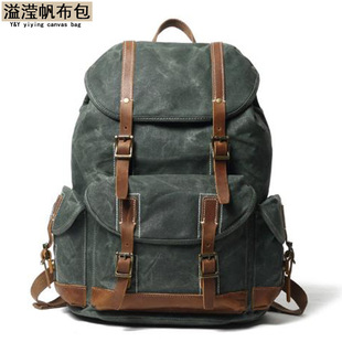 双肩包帆布男女户外运动登山包旅行背包学生书包过蜡配疯马皮经典