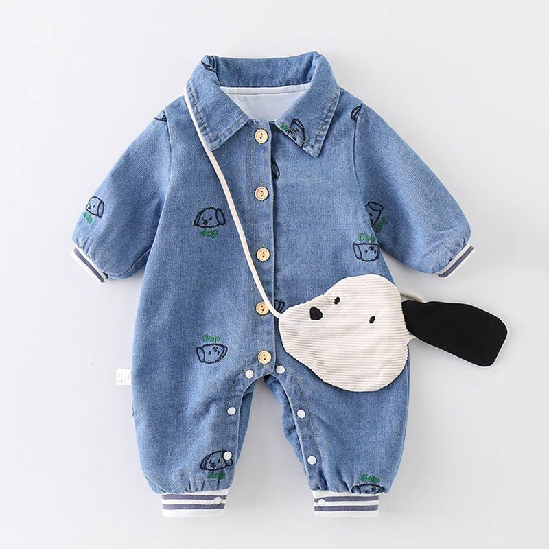 新款春秋款婴儿双层连体衣外套小宝宝外出哈衣软牛仔长袖时尚爬服